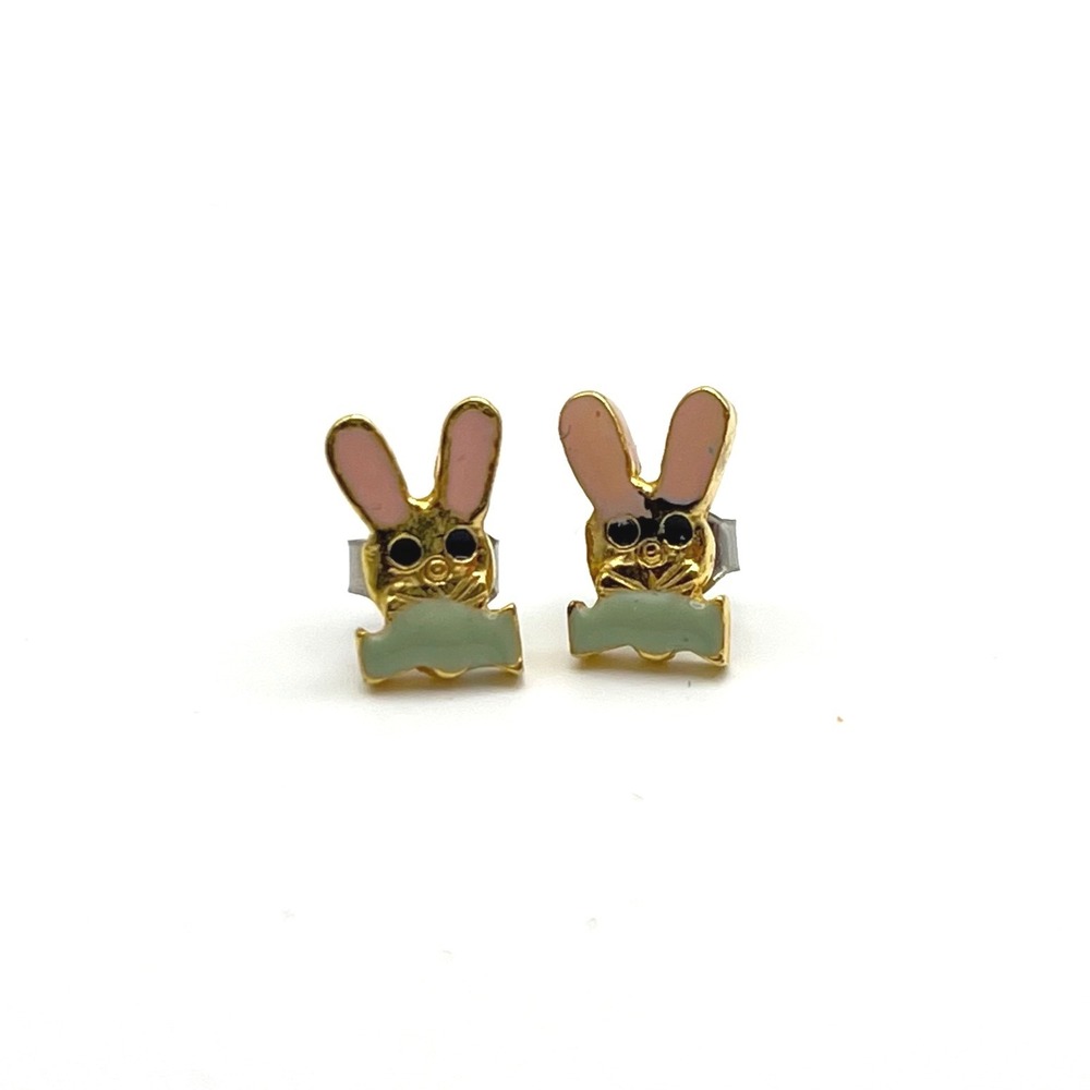 Gold Toneโ Enamel Bunny Rabbit Stud Earrings Pink Mint Green Animal Jewelry